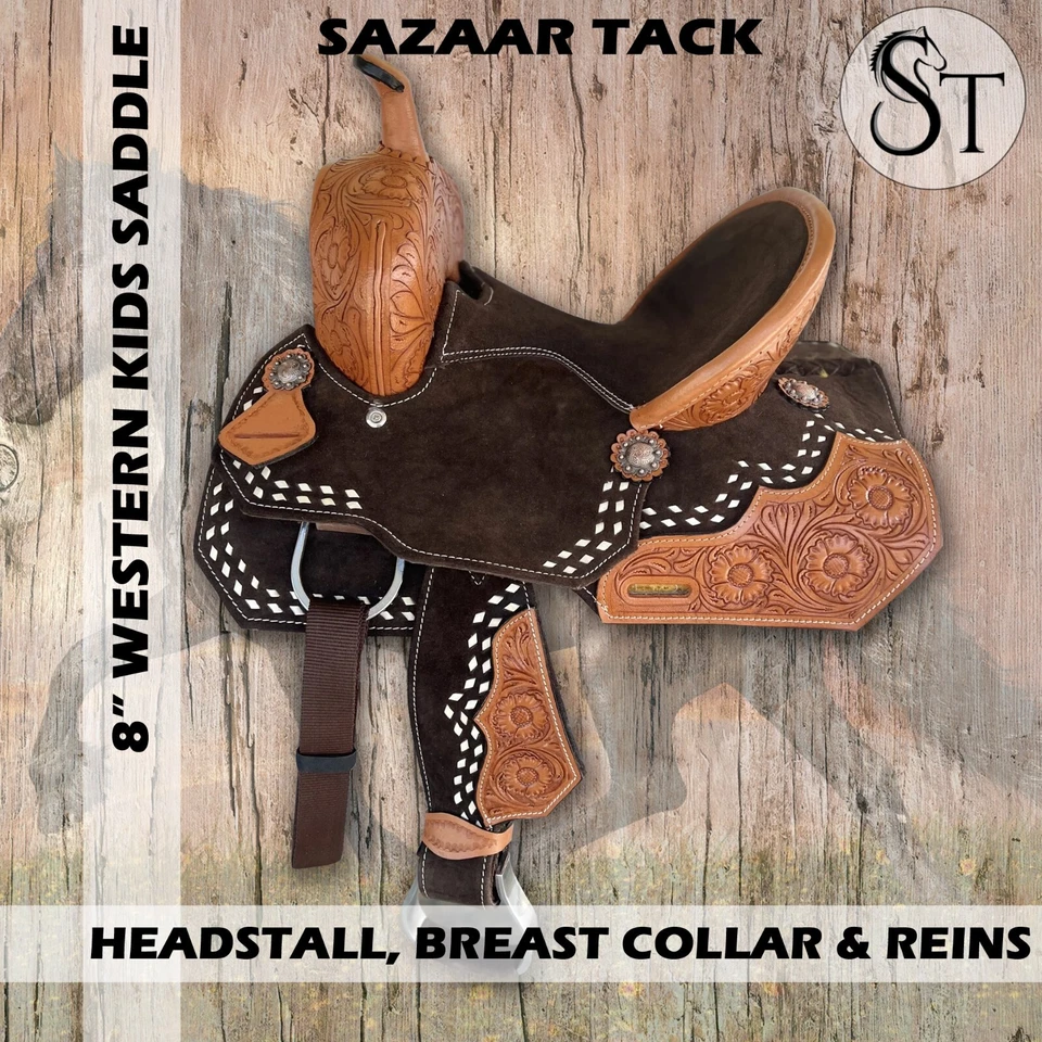 New 8" Western Leather Youth Kids Horse Pony Saddle Tack Set Floral Tooled Brown - Image 1 of 1