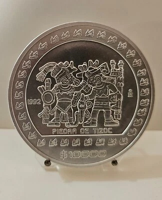 MEXICO MESSICO 10000 PESOS 1992 PIEDRA DE TIZOC 5 ONCE D'ARGENTO PURO ( gr 155,5 - Immagine 1 di 3