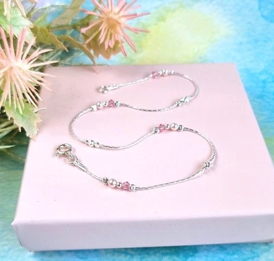 Tobillera 925 Plata de Ley Rosa Perla Cristal Tobillo Pulsera Boda Dama de honor Foto 1 de 4