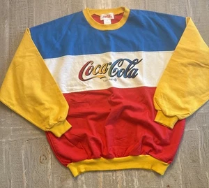 Vintage  80s Coca-Cola Sweatshirt W Pockets M Colorblock Coke Logo Rare Pullover - Picture 1 of 17