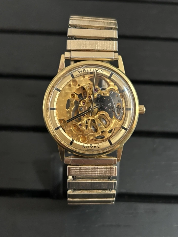 ULTRA RARE! Waltham Royal Skeleton Watch Swiss Made- Gold Filled Band And Case - Image 1 of 4