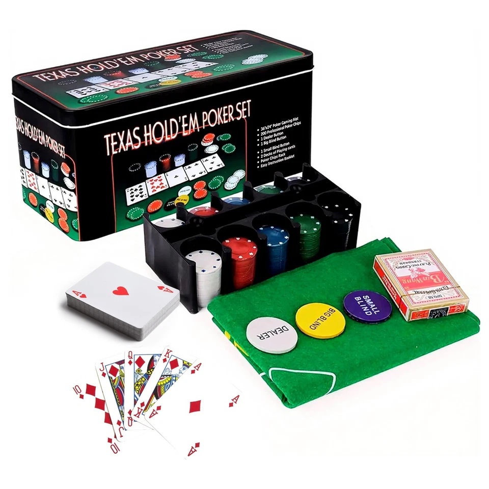 200 Poker Game Texas Hold'em Set Gaming Mat Chips 2 Decks Playing Card With Box - Image 1 of 4