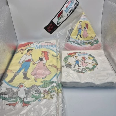 Guardanapos de toalha de mesa vintage anos 90 Disney pequena sereia conjunto de 8 chapéus aniversário - Imagem 1 de 4