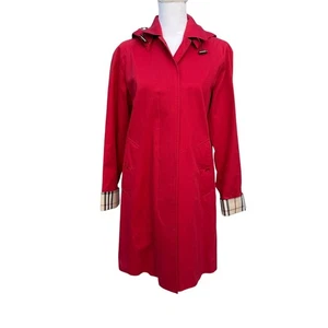 Burberry London Red Hooded Trench Coat Nova Check Lining Women Size 4 - Picture 1 of 18