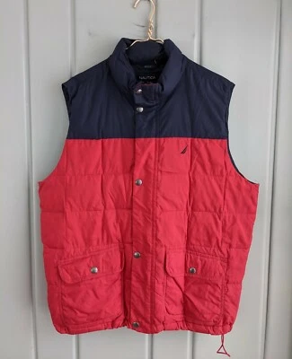 Nautica Mens XL Down Vest Quilted Red Pockets Winter Colorblock Full Zip Navy - Image 1 of 4