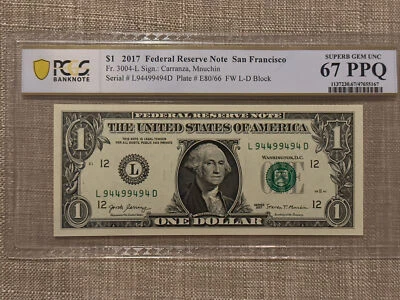 RARE - BINARY - RADAR in QUAD - REPEATER 2017 $1 Dollar Bill L 9449 94 94 D - Image 1 of 4