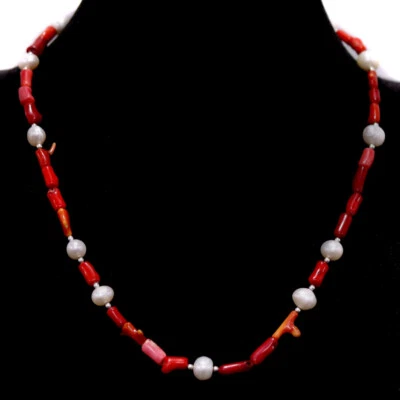 Collar de piedras preciosas blanco barroco perla y coral naranja 22" plata de ley 925 Foto 1 de 4