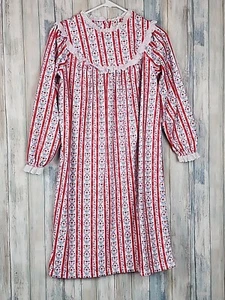 Lanz Of Salzburg Girls M 7/8 Red Striped Floral Flannel Nightgown Knee Length - Picture 1 of 8