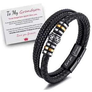 To My Grandson Bracelet Bangle Mens Braided Leather Wristband Jewelry Gift Card* - Picture 1 of 11