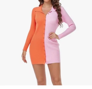Boutique Women’s XS Maroon/Navy Long Sleeve Mini Dress Lapel Bodycon Ribbed Knit - Picture 1 of 11