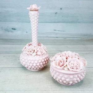 Botella de perfume y plato de baratija vintage años 40 Ardalt Lenwile rosa Hobnail - Imagen 1 de 16