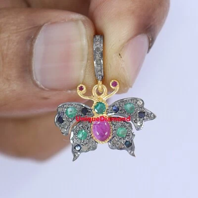 Natural Emerald Natural Ruby & Blue sapphire Diamond 925silver Butterfly pendant - Image 1 of 4