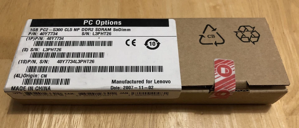 NEW Lenovo IBM 40Y7734 Laptop RAM Memory 1GB PC2-5300 CL5 NP DDR2 SDRAM SoDimm - Image 1 of 3