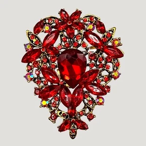 Vtg Red Rhinestone Floral Brooch Gold-Tone With Aurora Borealis Accents - Picture 1 of 4