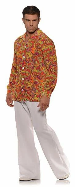 Camisa de Disfraz de Poli Cuello Ancho Naranja Paisley Años 70-80 Para Hombre Groovy Disco Foto 1 de 1