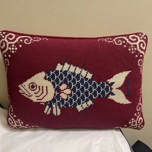 Needlepoint Throw Pillow Lovely Fish 15x 10” Rare - Picture 1 of 6