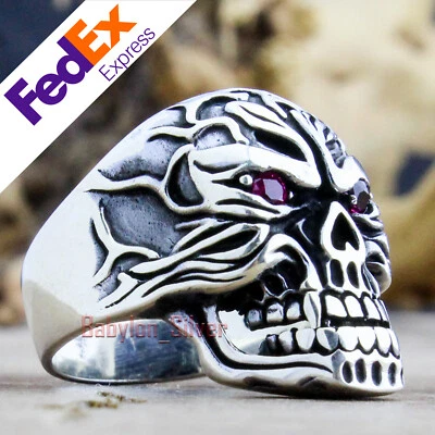 Turkish 925 Sterling Silver Ruby Gothic Skull Biker Luxury Men's Ring All Sizes - Image 1 of 4