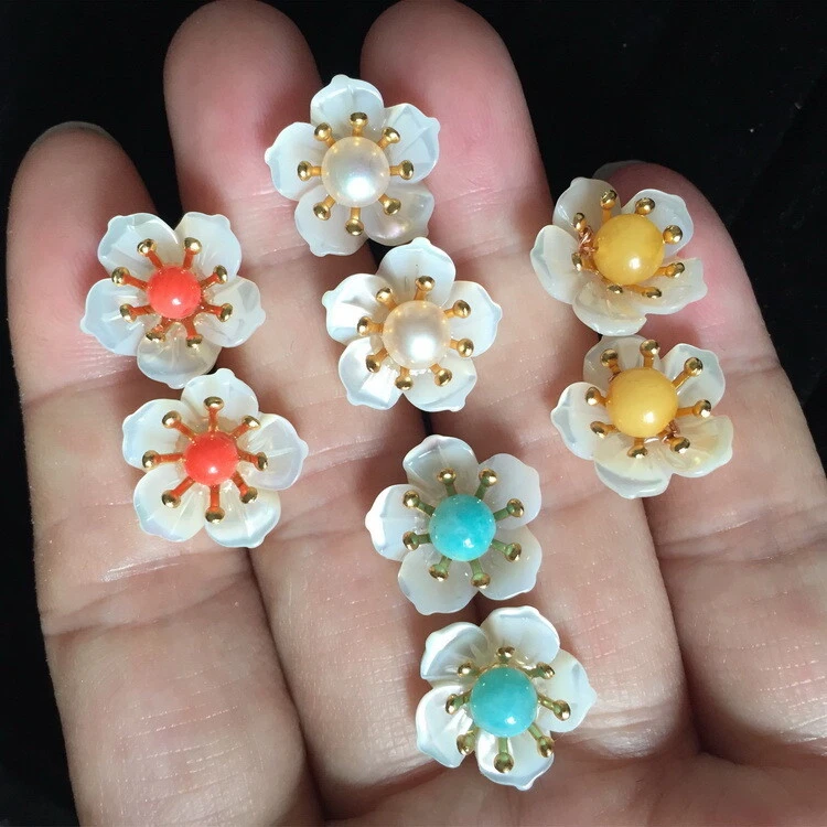 D13 Orecchini Fiore In Madreperla Perla Amazonite Ambra Orecchini In Argento 925 - Immagine 1 di 1