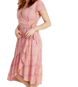 Old Navy Faux Wickelkleid XL Midi Rüschen Prairie Cottage Core pfirsich rosa kariert - Bild 1 von 10