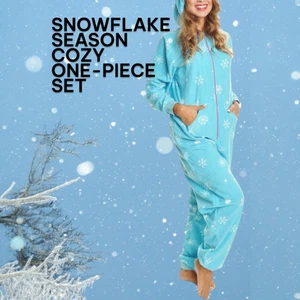 Snowflake Pattern One-Piece Hooded Cozy Fleece Pajamas - Chill-Ready Comfort - Picture 1 of 7