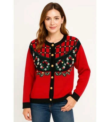 Cardigã de Natal Norton McNaughton vermelho botões de metal suéter de férias tamanho G - Imagem 1 de 4