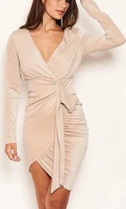 Taupe Glitter Wrap Over DressAX PARIS Party/Cocktail Dress Size8 FREE DELIVERY - Picture 1 of 10