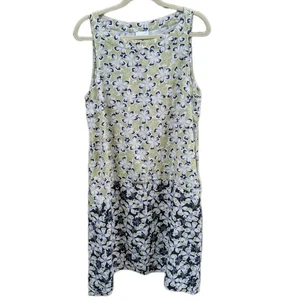 J Jill Snap Pea ALine Green Floral Dress Pockets SL Resort Boho Trapeze Hem Lrg - Picture 1 of 8