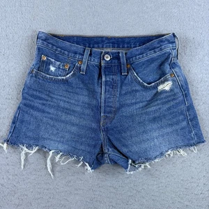 Levis 501 Women's Cut-Off Denim Shorts Medium Wash Blue W29 Raw Hem Button Fly - Bild 1 von 6