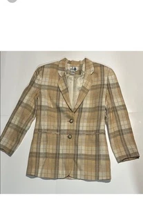 Vintage Paul Harris Design Plaid Long Brown Linen Blend Blazer Office Classy S - Picture 1 of 6