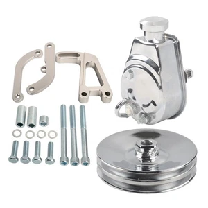 For SBC Chevy Polished Power Steering Pump & Double Groove Pulley & Bracket - Picture 1 of 12