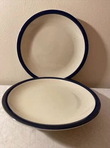 Set of 4 Kitchen Basics II By TIENSHAN 7-3/4" Salad Plates Blue Rim Stripe - Picture 1 of 5