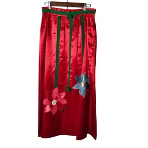 Vintage Red Satin Maxi Skirt Medium Handmade Green Ribbons & Floral Appliqués - Picture 1 of 9