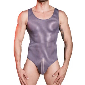Men Stripe Mesh Sheer Bodysuit One-piece Gay Leotard Underwear Wrestling Singlet - Picture 1 of 37