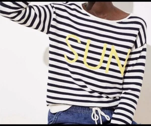 Loft Sweater Size M Black White Stripe Sun Spellout Yellow Long Sleeves Cotton - Picture 1 of 7