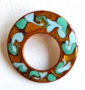 Broche prendedor vintage redondo esmalte cobre firmado HEB Canadá diseño azul/verde - Imagen 1 de 8