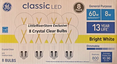 8 PACK GE 60W Classic LED Dimmable Bright White 3500K Clear Glass Light Bulb A19 - Image 1 of 4