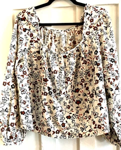 NWT a.n.a Ivory Floral Print Blouse Sz Petite L Long Sleeve Scoop Neck Loose Fit - Picture 1 of 9