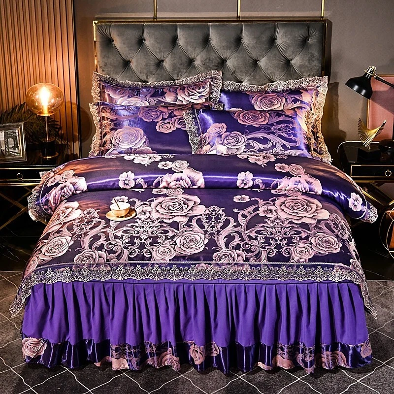 Ornate Amethyst Gem Silky Satin Jacquard Quilt Cover Bedding Set with Bed Skirt - Image 1 of 4