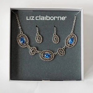 Liz Claiborne Earring and Necklace Set Silver Tone with Blue Rhinestones Costume - Picture 1 of 2