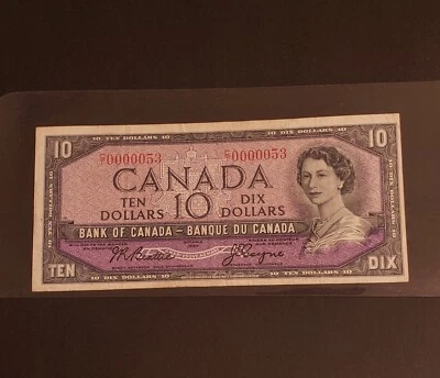 RARE LOW SERIAL NUMBER 1954 Bank of Canada $10 Banknote. Circulated Condition. - Image 1 of 2