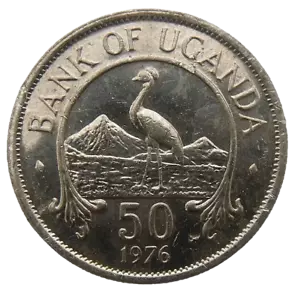 UGANDA 50 CENTAVOS 1976 - GRÚA CORONADA DE PÁJARO AFRICANO ORIENTAL KM4a MONEDA AU-UNC - Imagen 1 de 5