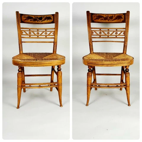 VERY RAREGenuine 19th C. Pair American Fancy Painted Sheraton Accent Chairs Cover