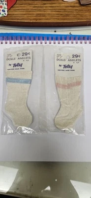 复古 20 世纪 70 年代 2 对 Totsy 婴儿脚踝袜蓝色条纹适合 14 英寸 ~ 17 ~ 娃娃  — 第 1/4 张图片