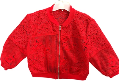 Chaqueta corta Chico's roja de encaje a ganchillo cremallera frontal manga 3/4 talla 2 o L poliéster Foto 1 de 4