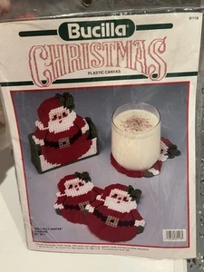 Vtg Christmas Bucilla Roly-Poly Santa Coasters Kit 7 Piece 1991 NOS Craft Set - Picture 1 of 6