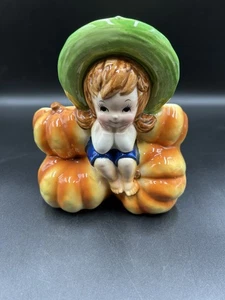 Vintage Relpo Halloween Herbst Pflanzgefäß A1999 Barfuß Mädchen sitzend Kürbisse selten - Bild 1 von 21