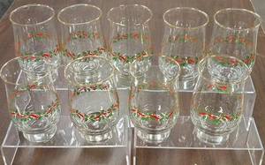 Set of 9 Vtg Libbey Christmas Arby's Flat Tumblers Holly Berry Ribbon Glasses - Picture 1 of 5