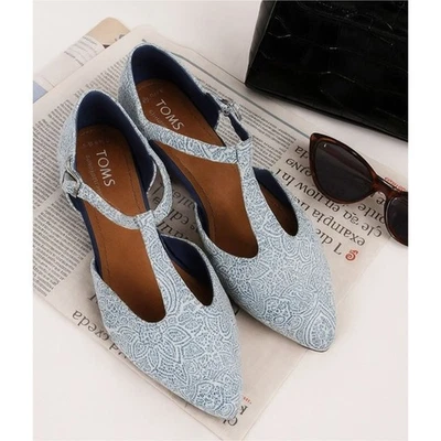 TOMS Jutti T-Strap Flats Blue Tiles Mosaic Tapestry Pattern Comfort Shoes 8.5W - Image 1 of 4