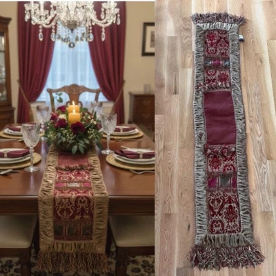 Bella Rose Luxurious Damask Table Runner Traditional Ornate Tassels 78" Long - Image 1 of 4
