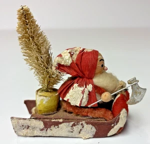 Vintage Putz Elf or Santa In Sleigh Spun Cotton/Crepe Paper Mica Snow Japanese - Picture 1 of 6